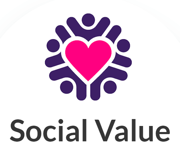 Constructionline Social Value Logo Logo depicting a red heart surrounded by five drawn shapes in blue depicting people with their arms in the air