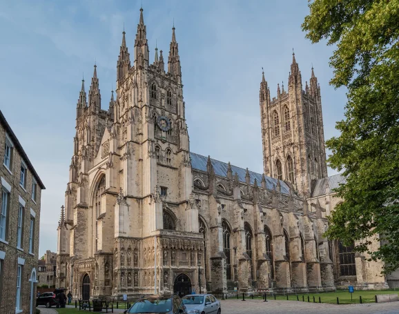Canterbury Cathedral's impressive Gothic architecture, featuring tall spires and intricate details.