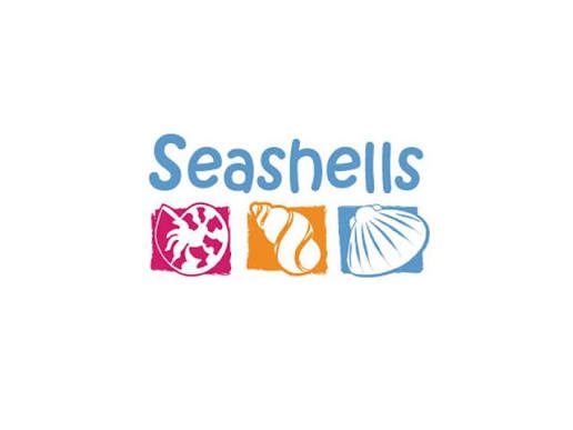 Seashells logo Logo for Seashells. The word Seashells in blue, below three drawn pictures of Seashells, one red, one yellow, one blue